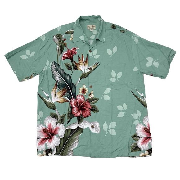 Paradise Bay Hawaiian Shirt Mens Size Large Green Floral Resort Vacation‎ Beach - Picture 1 of 10
